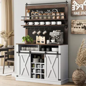 Farmhouse Coffee Bar Cabinet with Blackboard & Sliding Barn Door, MDF Wood & Metal, 75" Tall, Ample Storage, Dining Room