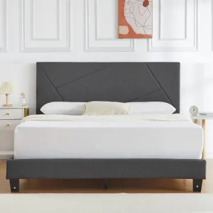 Queen Size Bed Frame with Upholstered Geometric Headboard, Heavy-Duty Platform Bed, No Box Spring Needed, Dark Grey