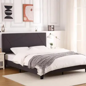 Full Size Bed Frame with Upholstered Geometric Headboard, Heavy-Duty Platform Bed, No Box Spring Needed, Dark Grey