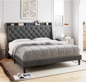 King Size Bed Frame with Charging Ports, Storage Shelf, Upholstered Platform, Wingback Headboard, No Box Spring, Dark Gray