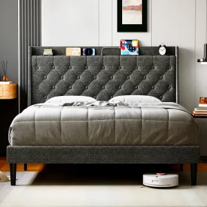 Full Size Bed Frame with Charging Station and Wingback Storage Headboard, Button Tufted Upholstered Platform Bed with Adjustable Headboard, No Box Spring Needed, Noise-Free, Easy Assembly, Dark Grey