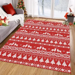 Christmas Area Rug 5x7 Feet Christmas Tree and Deer Pattern Floor Cover Boho Style Machine Washable Indoor Carpet Rug Decorative Non Slip Accent Rug for Kitchen Living Room Bedroom