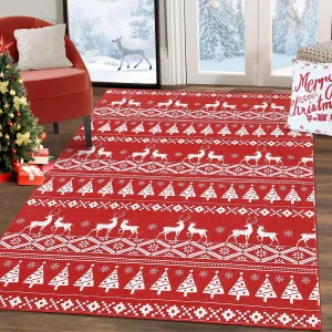 Washable Christmas Area Rug Christmas Tree and Deer Boho Area Rugs Carpet Holiday Decorative Carpet Rug Velvet Foldable Coffee Table Accent Rug Farmhouse Dining Table Rug, 4' x 6'