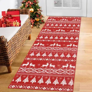 Christmas Runner Rug Christmas Tree and Deer Boho Hallway Area Rug Xmas Holiday Decorative Throw Rug Runner Machine Washable Floor Carpet for Kitchen Laundry Living Bathroom, 2x8 Feet