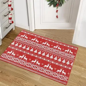 Christmas Area Rug Christmas Tree and Deer Boho Small Entryway Rug Doormat Non-Slip Holiday Decorative Washable Floor Carpet for Indoor Front Entrance Kitchen Bathroom, 2x3 Feet
