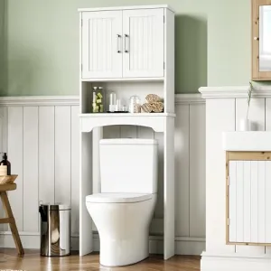 Over The Toilet Storage Cabinet, Double Door Bathroom Storage Organizer with Anti-Tip Device, Small Freestanding Space Saver with Open Shelf，White