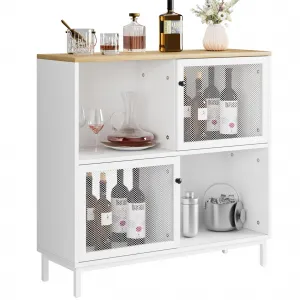 Coffee Bar Cabinet, Rattan Buffet Cabinet with Storage, Wood Sideboard Cabinet with Sliding Door, Accent Cabinet for Kitchen, Dining Room, Living Room, Entryway - White