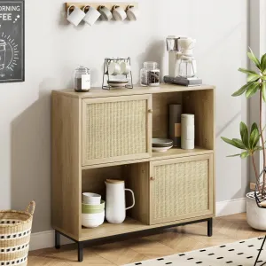 Coffee Bar Cabinet, Rattan Buffet Cabinet with Storage, Wood Sideboard Cabinet with Sliding Door, Accent Cabinet for Kitchen, Dining Room, Living Room, Entryway