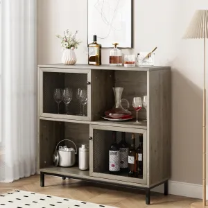 Coffee Bar Cabinet, Rattan Buffet Cabinet with Storage, Wood Sideboard Cabinet with Sliding Door, Accent Cabinet for Kitchen, Dining Room, Living Room, Entryway - Grey