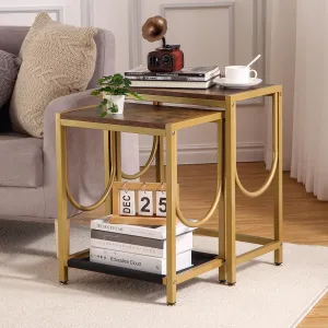Nesting Side/End Table Set Industrial Metal Frame Modern Square Head Particle Board Vintage Smoked Tones 2 Sizes Suitable for Small Spaces