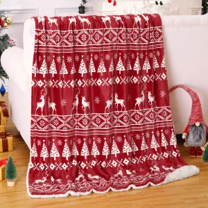 Throw Christmas Blanket for Couch Sherpa Flannel Blanket Throw for Xmas Decoration Blanket with Classical Xmas Elements Xmas Throw for Sofa,50x60,Red