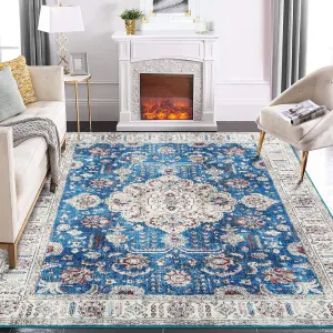 Washable Area Rugs 9x12 Large Rug Boho Vintage Carpet Medallion Rug, Stain-Resistant Non-Shedding, Living Room Bedroom Dining Room Soft Accent Rug Farmhouse Office Home Decor,Blue 9x12