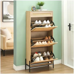 Natural Rattan 3 Flip Door with 1 Drawer Shoe Cabinet Organizer Freestanding, Shoe Rack Storage Cabinet for Entryway with 3-Tier Adjustable Shelves - Oak Color