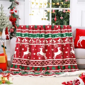 Christmas Throw Blanket for Couch Sherpa Flannel Blanket Throw for Xmas Decoration Blanket with Classical Xmas Elements Christmas Blanket for Sofa,50x60,Red and Green
