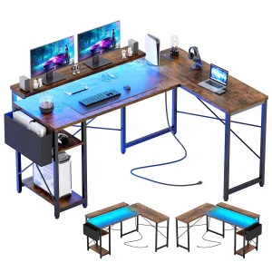 L Shaped Gaming Desk with LED Lights & Power Outlet, 54 Inch Reversible Modern Corner Desk, Wooden, Storage Shelves, Ergonomic Design, Home Office