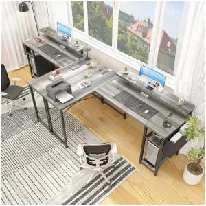 L Shaped Computer Gaming Desk with Power Outlet & LED Light, 54 Inch, Reversible Modern Corner Desk, Oak, Home Office-Gray Oak