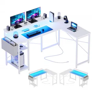 L Shaped Gaming Desk with Power Outlet & LED Light, 54 Inch Reversible Modern Corner Desk, Adjustable Shelves, Ergonomic Design, Suitable for Home Office & Small Spaces (White)