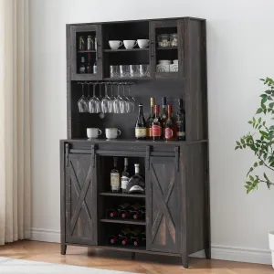 Farmhouse Wine Cabinet with Sliding Barn Door, 70" Country Wine Cabinet with Wine Rack and Wine Glass Rack, Buffet, Storage Rack, Kitchen Sideboard, Dining Room - Dark Oak