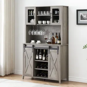 70'' Wine Coffee Bar Cabinet with Storage Hutch, Tall Kitchen Pantry Liquor Cabinet with Sliding Barn Doors, Bottle Glasses Rack, Farmhouse Buffet for Home Dining Room, Gray