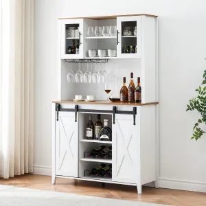 Farmhouse Wine Cabinet with Sliding Barn Door, 70" Country Wine Cabinet with Wine Rack and Wine Glass Rack, Buffet, Storage Rack, Kitchen Sideboard, Dining Room - White