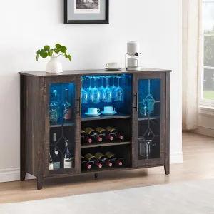 Wine Bar Cabinet with Led Light,Home Coffee Cabinet with Wine and Glass Rack,Kitchen Buffet Sideboard with Storage,Liquor Cabinet for Bar,Dining Room,Kitchen(Dark Rustic Oak)