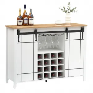 Farmhouse Coffee Bar Cabinet with Storage, 47’’ Wine Bar Cabinet with Sliding Barn Door, Buffet Sideboard Cabinet with 16 Bottle Wine Rack for Dining, Living Room, Antique White