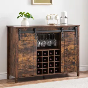 Farmhouse Coffee Bar Cabinet with Storage, 47’’ Wine Bar Cabinet with Sliding Barn Door, Buffet Sideboard Cabinet with 16 Bottle Wine Rack for Dining, Living Room,Rustic Brown
