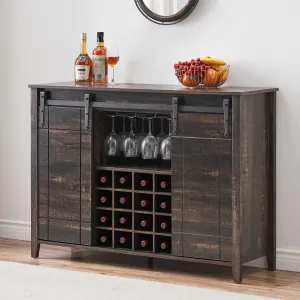 Farmhouse Coffee Bar Cabinet with Storage, 47’’ Wine Bar Cabinet with Sliding Barn Door, Buffet Sideboard Cabinet with 16 Bottle Wine Rack for Dining, Living Room, Dark Rustic Oak