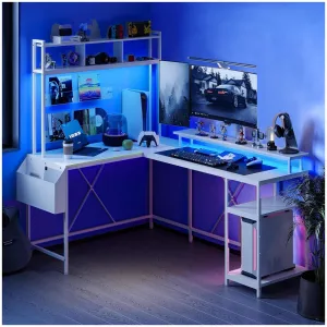 L Shaped Computer Gaming Desk with LED Lights & Power Outlets, 67" Reversible Large L-Shaped Desk with Monitor Stand & Storage Shelves (White)