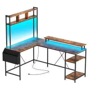 L Shaped Computer Gaming Desk with LED Lights & Power Outlets, Reversible, Monitor Stand, Storage Shelves, Ergonomic, Easy Assembly, 67" Rustic Brown