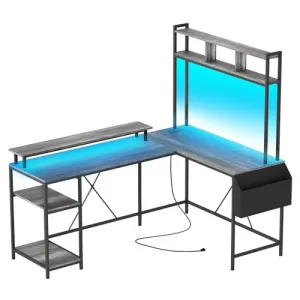 L Shaped Gaming Desk with LED Lights & Power Outlets, 67" Reversible Large Desk, Oak Black, Monitor Stand, Storage Shelves, Home Office