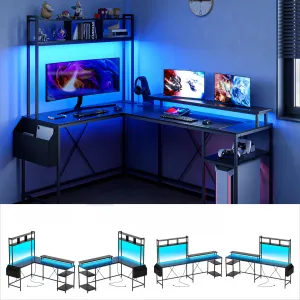 L Shaped Gaming Desk, Reversible Computer Desk with LED Lights & Power Outlets, Corner Desk with Shelves, Storage Bag, Monitor Stand, Home Office Desk Writing Desk