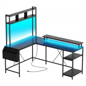 L Shaped Computer Gaming Desk with LED Lights & Power Outlets, 67" Reversible Large L-Shaped Desk with Monitor Stand & Storage Shelves (Black)