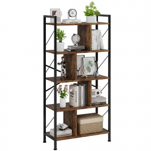 5 Tier Industrial Bookshelf, 61 Inch Tall, Open Display Shelves, MDF & Metal Frame, Adjustable Feet, Living Room, Bedroom, Home Office