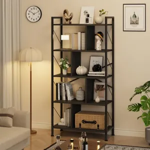 Industrial 5 Tier Bookshelf with Storage, 61 Inch Tall, Metal Frame, Open Display, MDF, Adjustable Feet, Living Room, Bedroom, Home Office