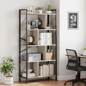 Industrial 5-Tier Bookshelf with Storage, 61" Tall, Open Display, MDF & Metal Frame, Adjustable Feet, Living Room, Bedroom, Office