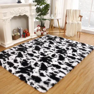 Modern Shag Rug – Plush Cow Print Carpet, Fluffy Non-Skid Area Rug for Living Room, Bedroom, Kids' Room, Bedside, or Home Decor, Black/White