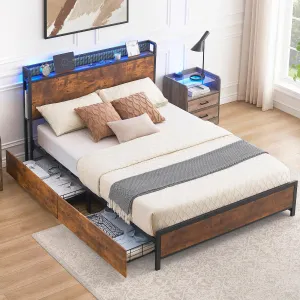 Full Size Bed Frame with Storage Drawers, Charging Station, LED Light, Metal Platform, Wood Slats, No Box Spring, Bedroom