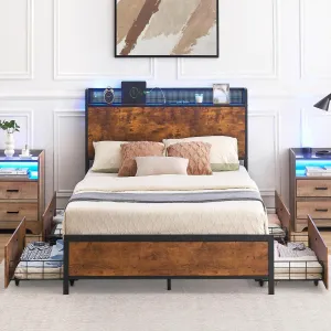 Queen Size Bed Frame with Storage Headboard and 4 Drawers, Platform Bed Frame with Charging Station and LED Lights, Metal Support/No Box Spring Needed, Vintage Brown