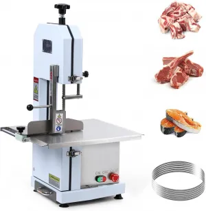 Commercial Electric Meat Bandsaw, 1100W Bone Saw Machine, 0.39～6.6 Inches Cutting Thickness with 6 Saw Blades, Meat Bandsaw Butchering with Workbench Width of 20.86 x 17.52 Inches