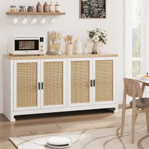 Buffet Cabinet, Rattan Storage Cabinet with 4 Doors and Shelf, Sideboard Buffet Cabinet with Storage, Accent Cabinet Console for Dining Room, Living Room, Hallway (White)