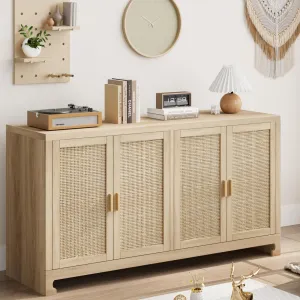 Modern Rattan Buffet Cabinet with 4 Doors + Multifunctional Storage + Handwoven Rattan + MDF Wood + Anti-tip Kit + Dining Room, Kitchen, Living Room
