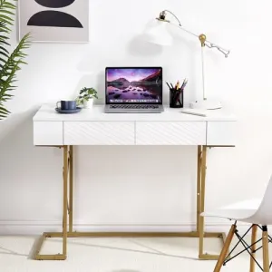 Modern White Home Office Desk with Storage Drawers and Charging Station, 42 Inch Computer Desk, Matte White Tabletop, Gold Frame, USB Ports, AC Outlets, Bedroom, Living Room
