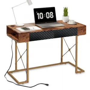 Small Office Desk, Modern Simple 42 Inch Writing Desk with Storage Drawers, Charging Station, Metal Frame, Rustic Brown, Home Office