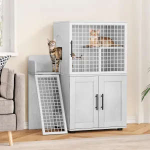Villa Cat Litter Box Enclosure, Double Layer, MDF & Iron, Hidden Furniture, Ladder, 33.5" L x 17.9" W x 41.9" H, Antique White