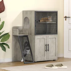 Modern Villa Cat Litter Box Enclosure with Platform, Double Layer, MDF Panel, Ladder, Hidden Washroom, 33.5"L x 17.9"W x 41.9"H, Light Grey, Indoor Use
