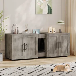 Litter Box Enclosure with Double Room, Hidden Cat Litter Box Cabinet Furniture for 2 Cats with Storage Groove & Odor-Reducing Mat, Wooden Enclosed Cat House for Home Apartment, Light Grey