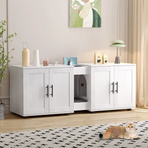 Litter Box Enclosure with Double Room, Hidden Cat Litter Box Cabinet Furniture for 2 Cats with Storage Groove & Odor-Reducing Mat, Wooden Enclosed Cat House for Home Apartment, White