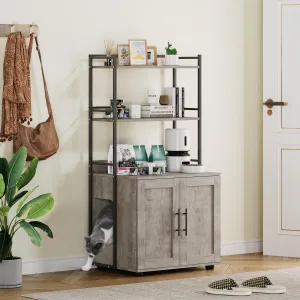 Cat Litter Box Enclosure + Shelf Storage, 2-in-1 Hidden Cat Washroom Furniture, MDF Panel, Grey, Indoor Use