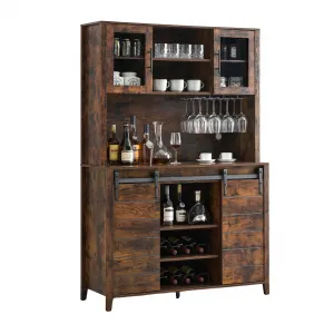 70'' Wine Coffee Bar Cabinet with Storage Hutch, Tall Kitchen Pantry Liquor Cabinet with Sliding Barn Doors, Bottle Glasses Rack, Farmhouse Buffet for Home Dining Room, Brown